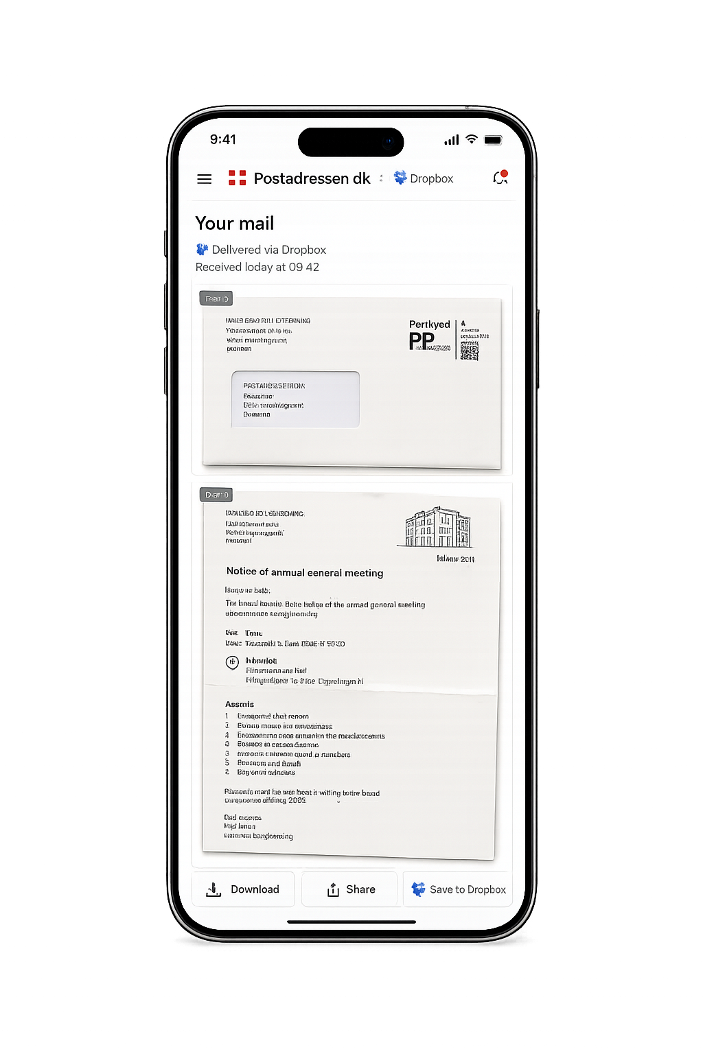 Scannet brev vist på telefon